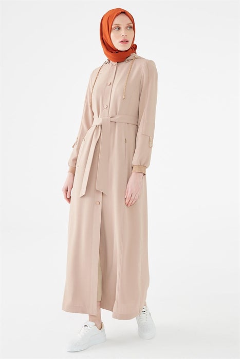 Women's Hooded Stripe Text Detail Beige Topcoat